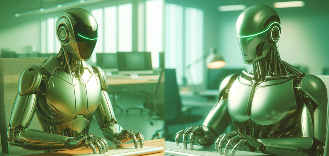 2 AI androids translating in an office